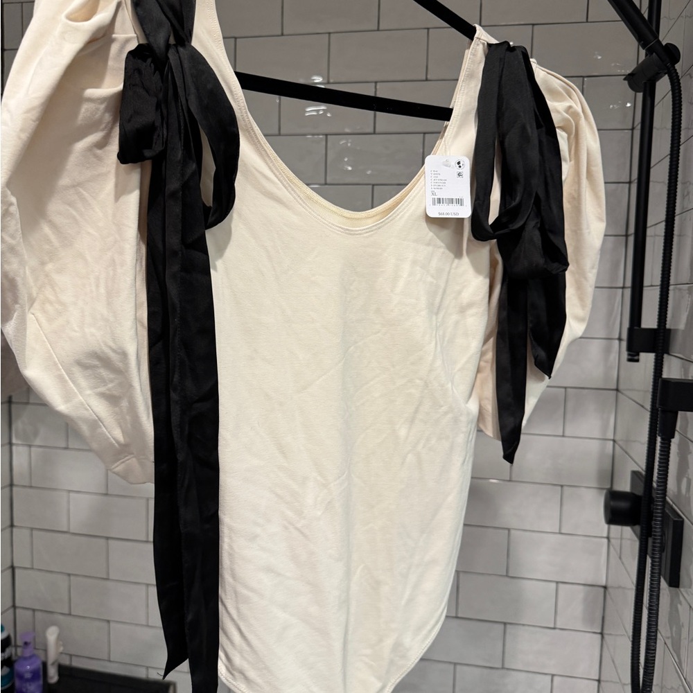 Free People What A Girl Wants Bow Puff Sleeve Bodysuit NWT